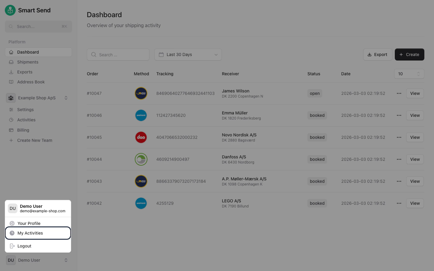 Profile menu with activity log highlighted