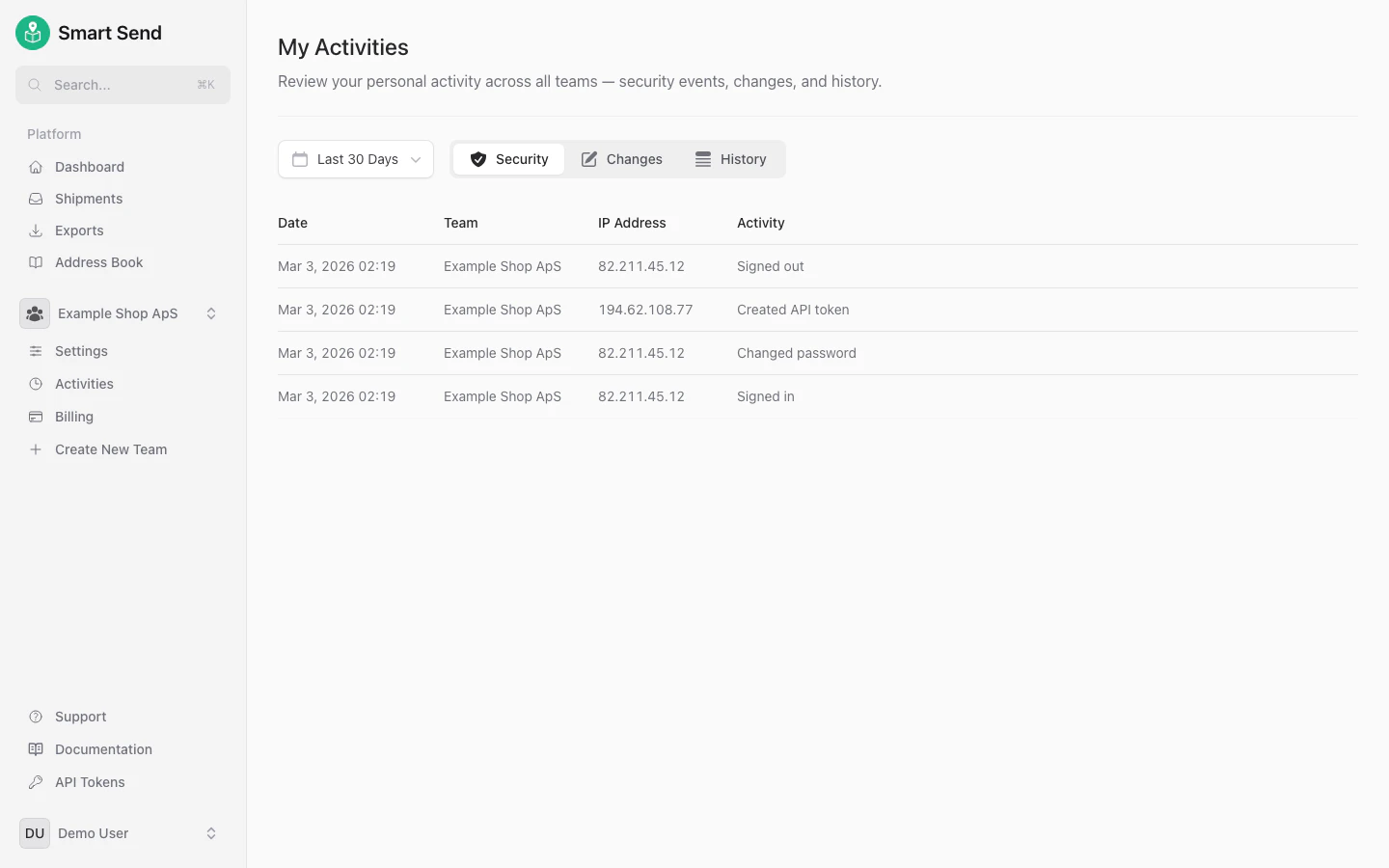 Security activity log showing login attempts and password changes