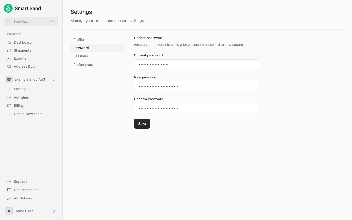 Password change form with fields filled in