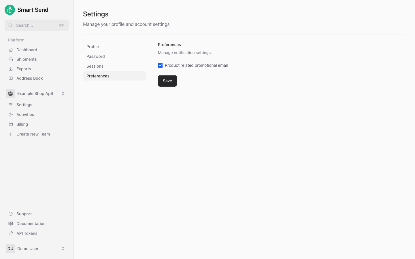 User preferences page with available options
