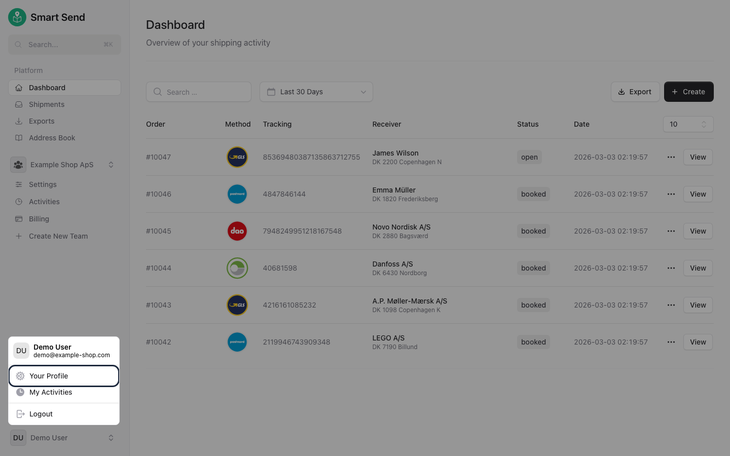 Navigation menu with profile option highlighted