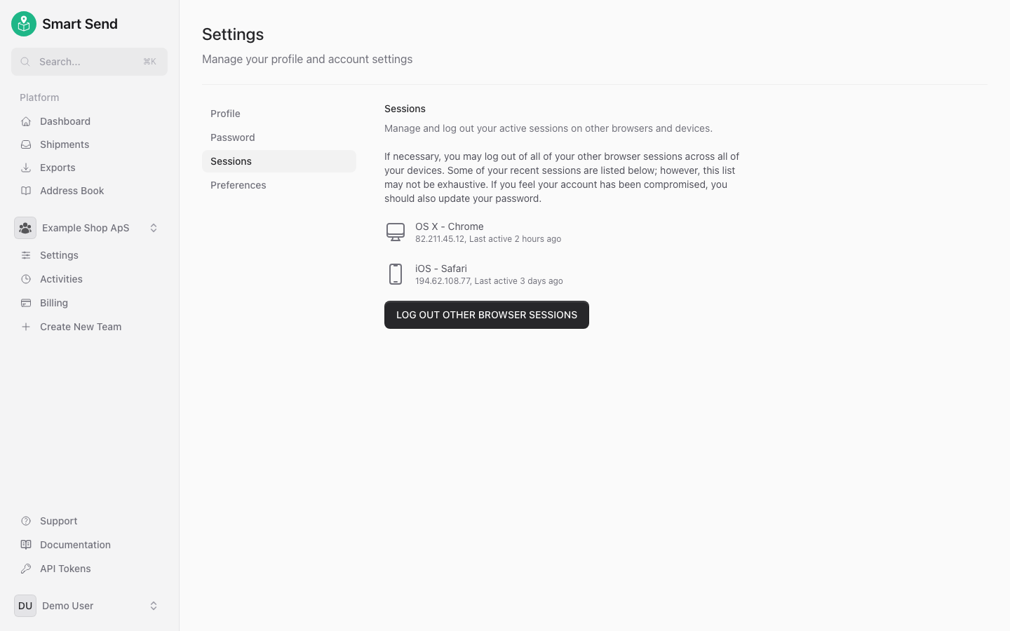 Active sessions list showing devices and browsers