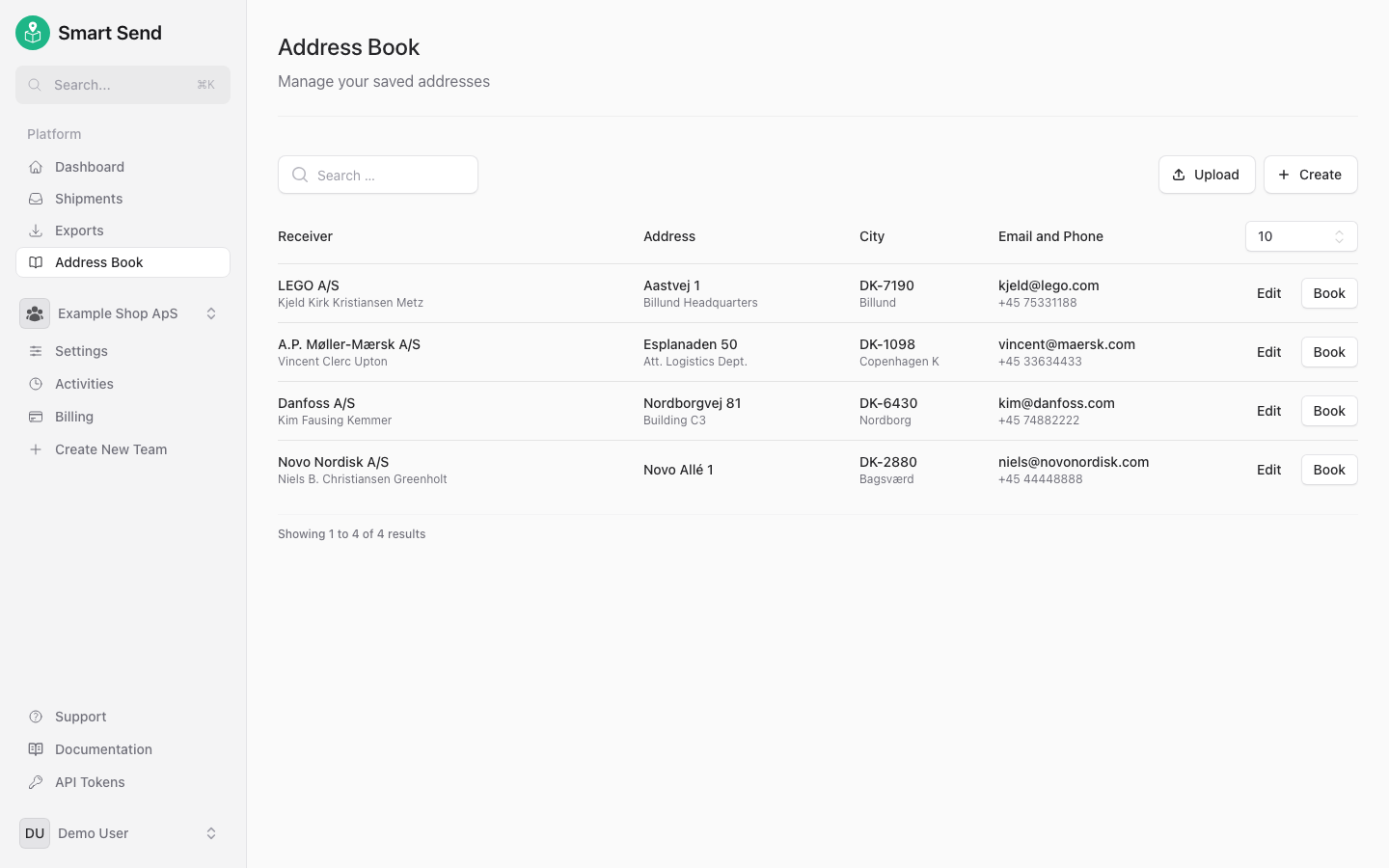 Address book list showing saved receiver addresses