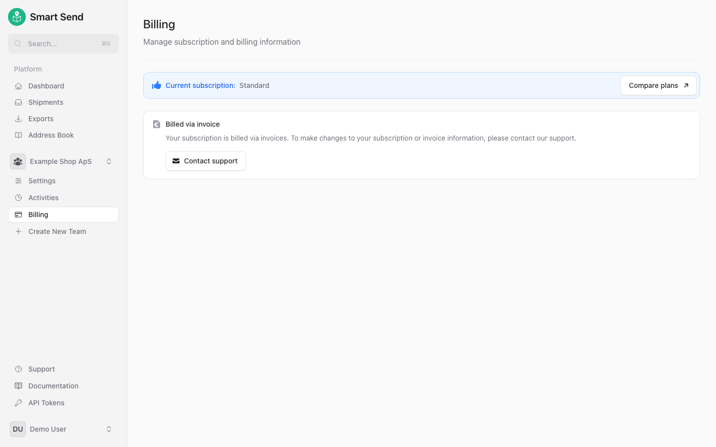Billing page showing external invoice/EAN billing