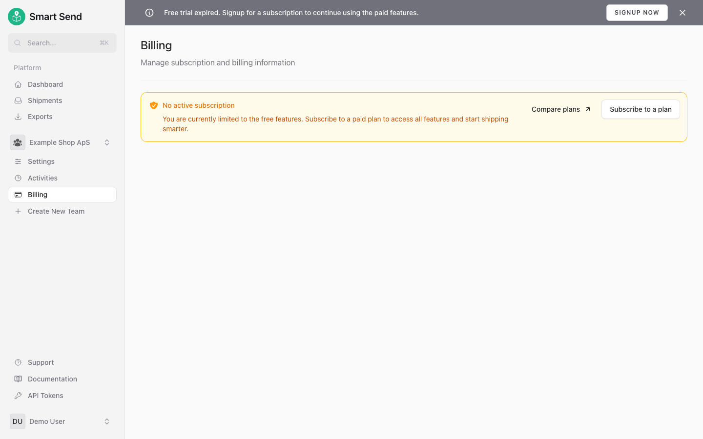 Billing page showing no active subscription
