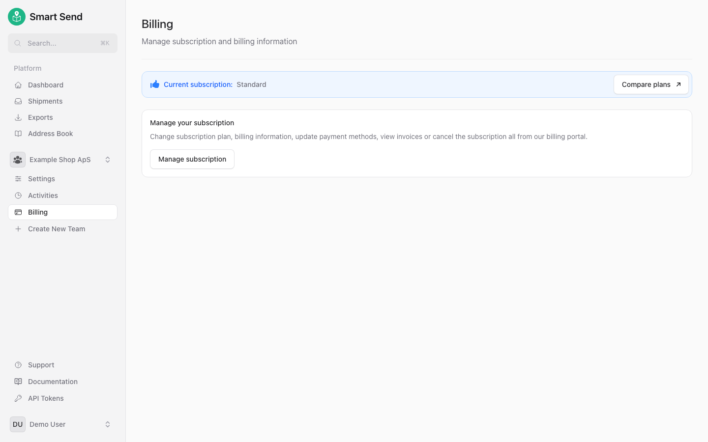 Billing page showing active subscription