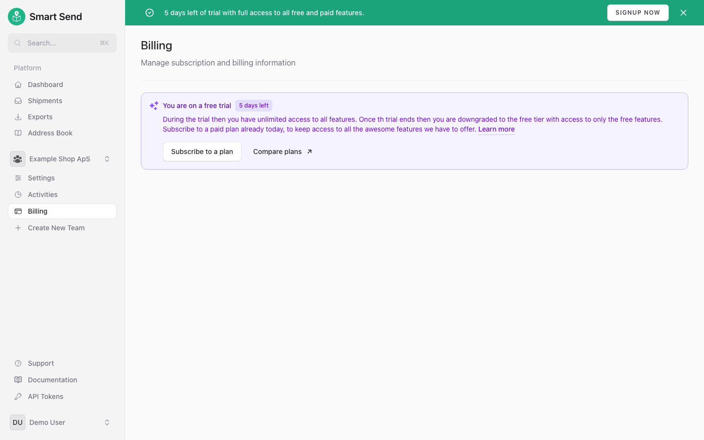 Billing page showing active trial period