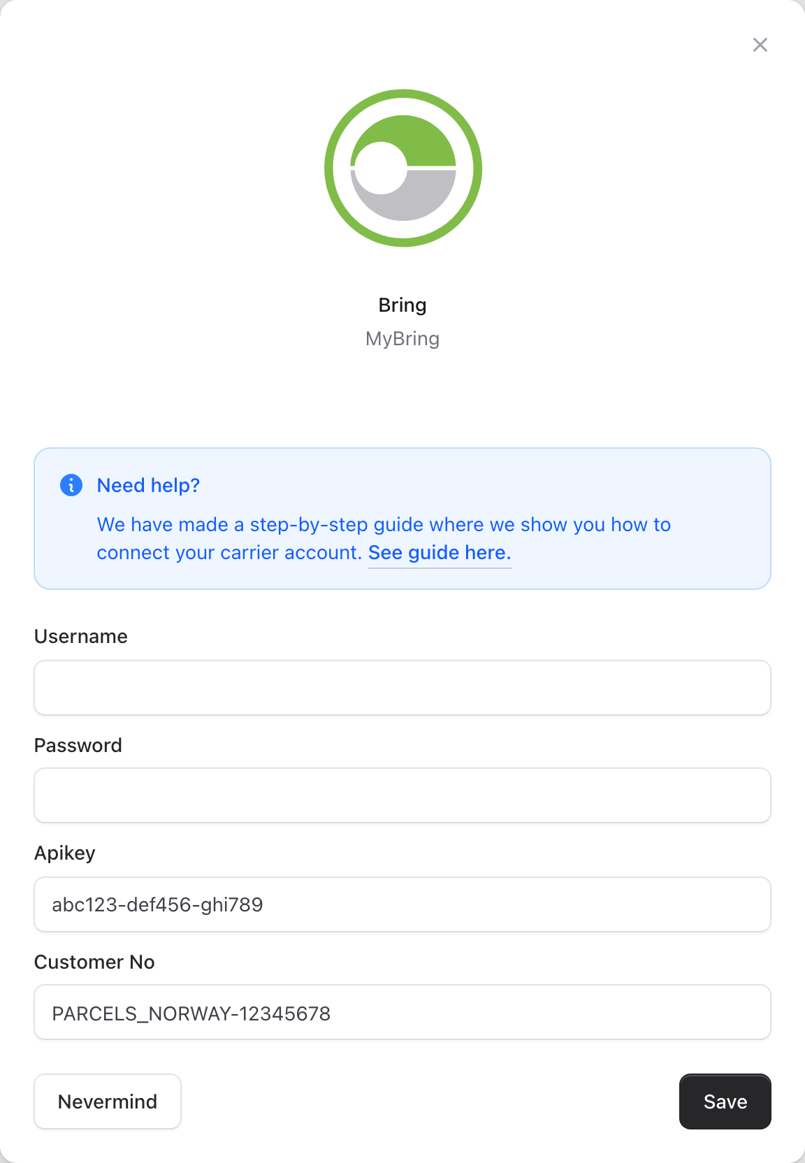 Bring connection form with MyBring details filled in