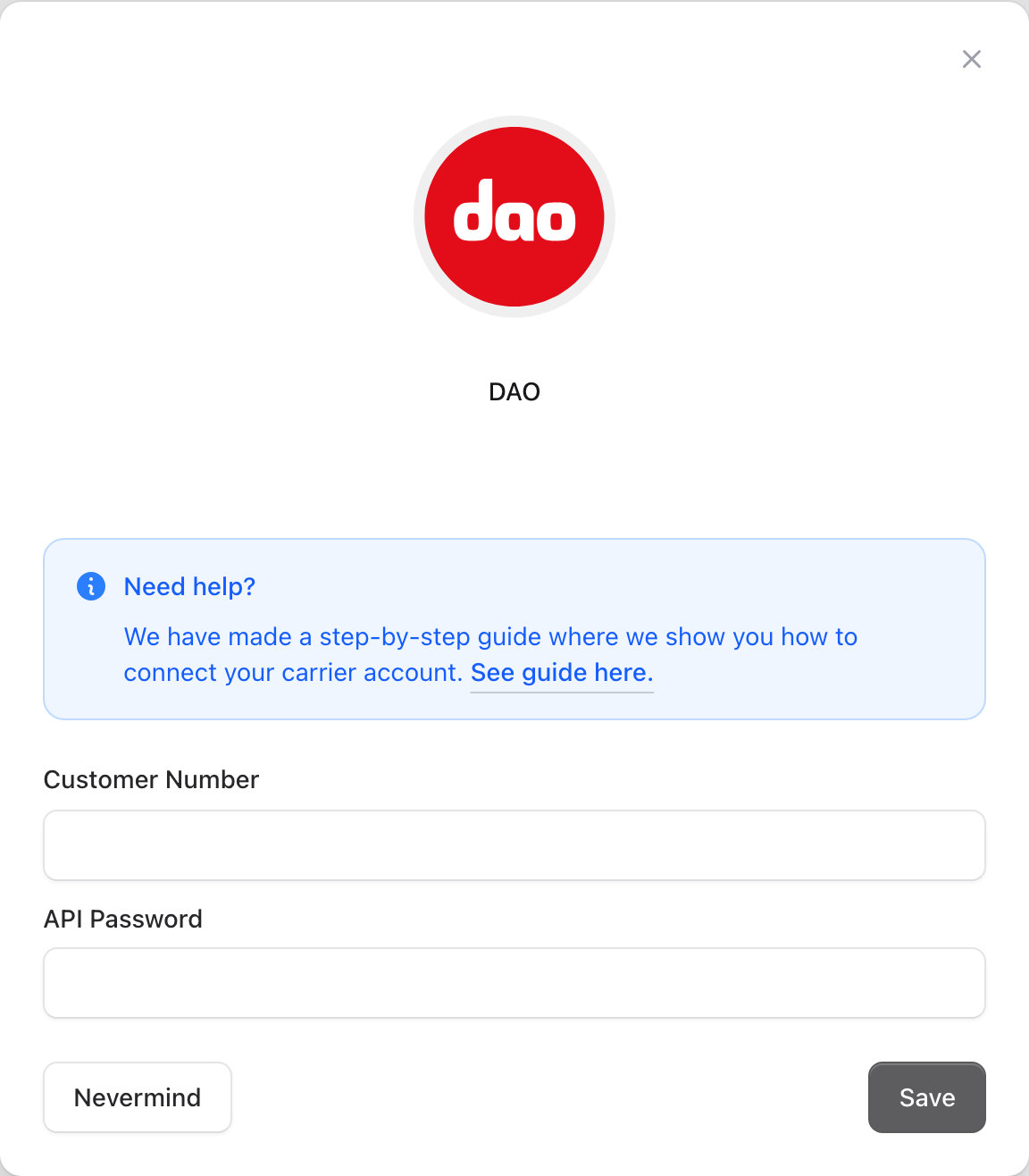 DAO connection form with customer details filled in