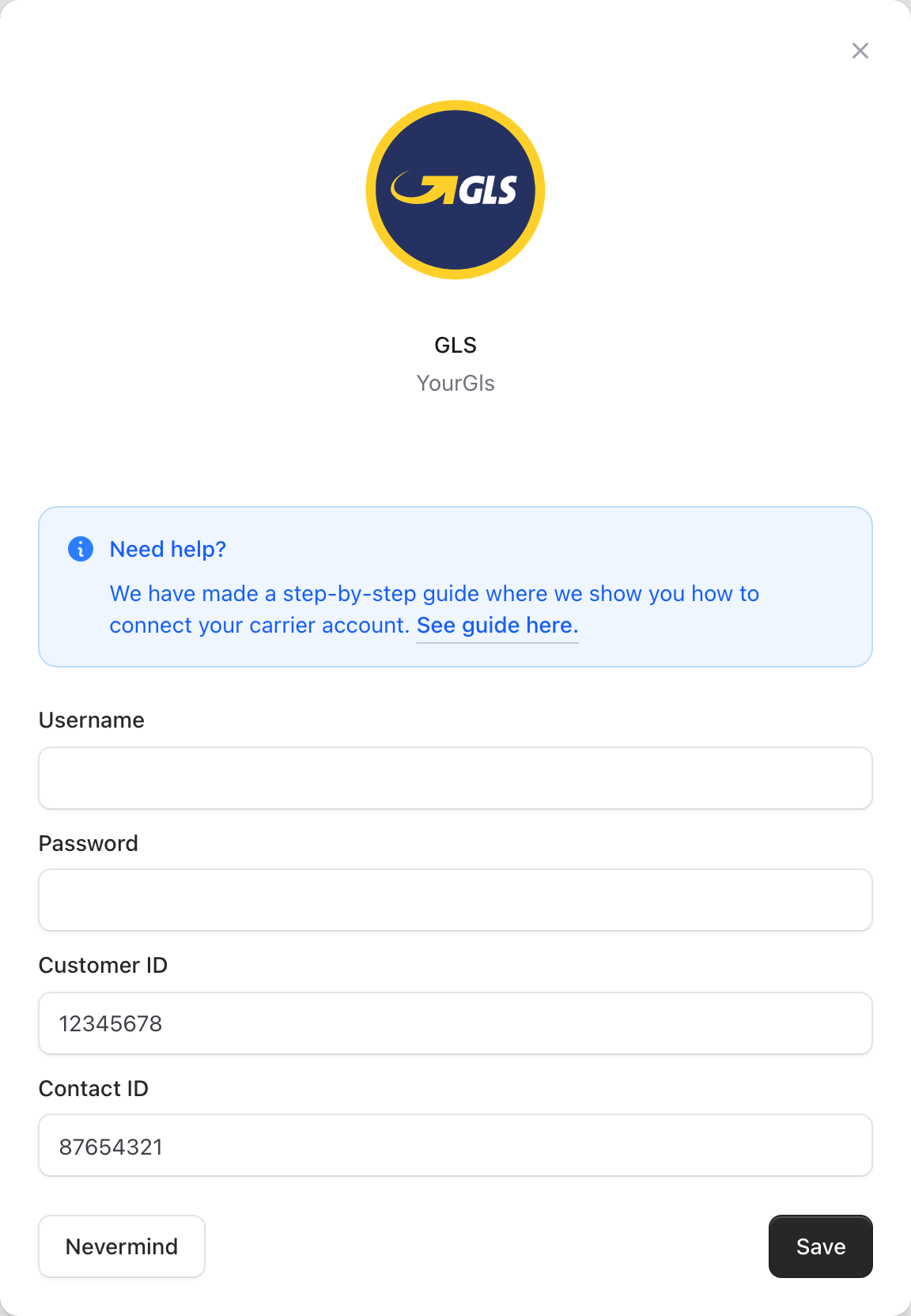 GLS connection form with YourGLS details filled in