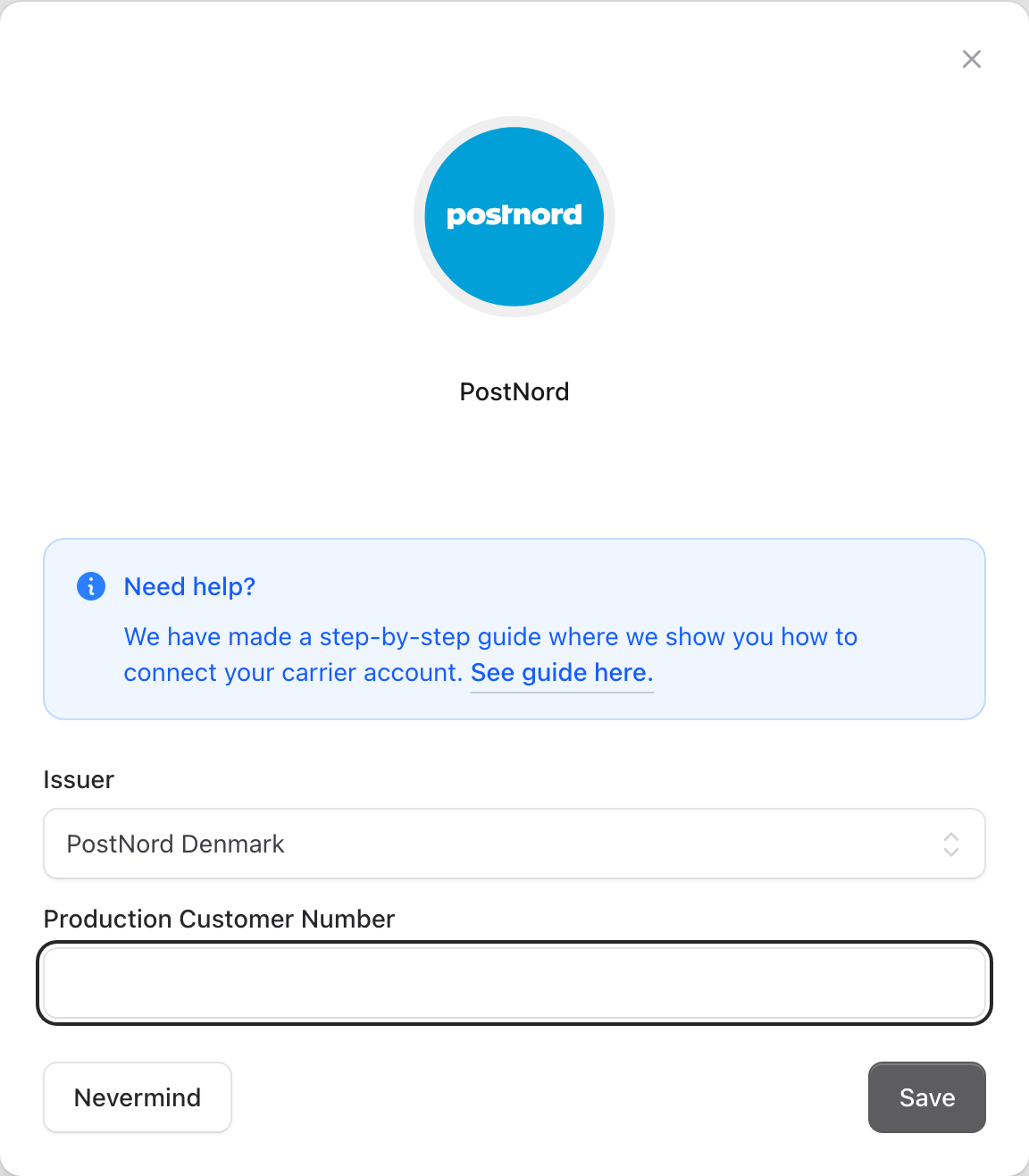 PostNord connection form with customer number filled in