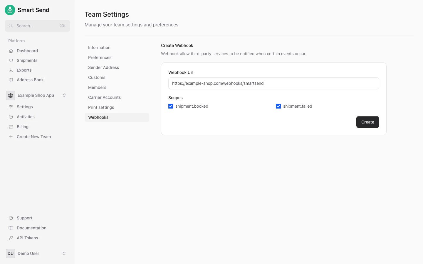 Formular til oprettelse af webhook med URL og hændelser konfigureret