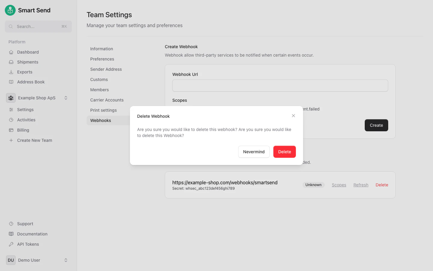 Bekræftelsesdialog for sletning af en webhook