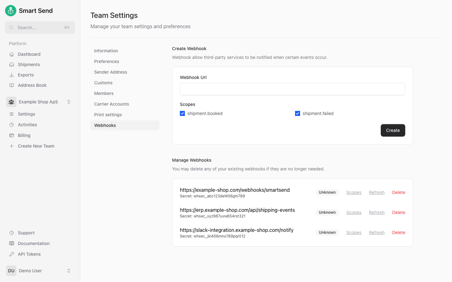Webhook-liste med konfigurerede webhooks