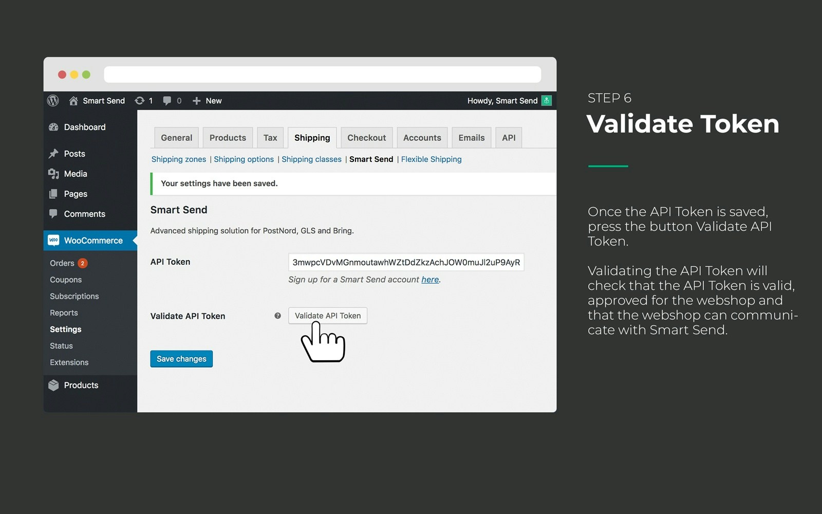 API token validation button