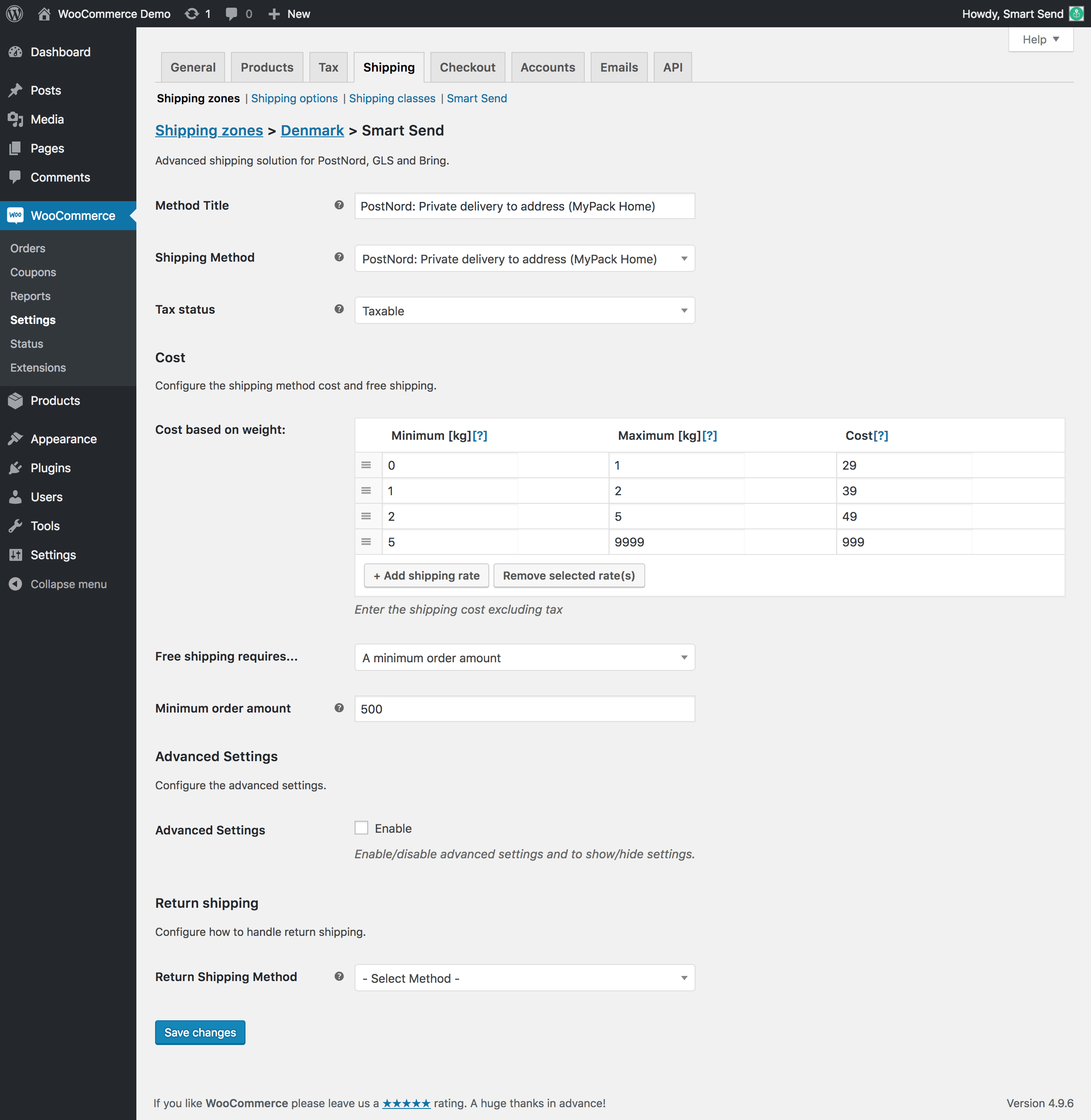 PostNord home delivery shipping method configuration