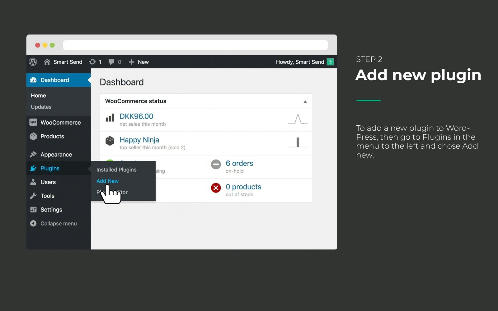 WordPress plugins page with Add New button