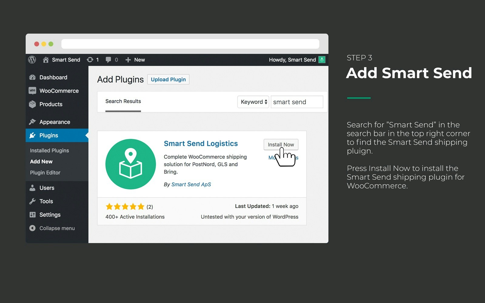 Smart Send plugin search results with Install Now button