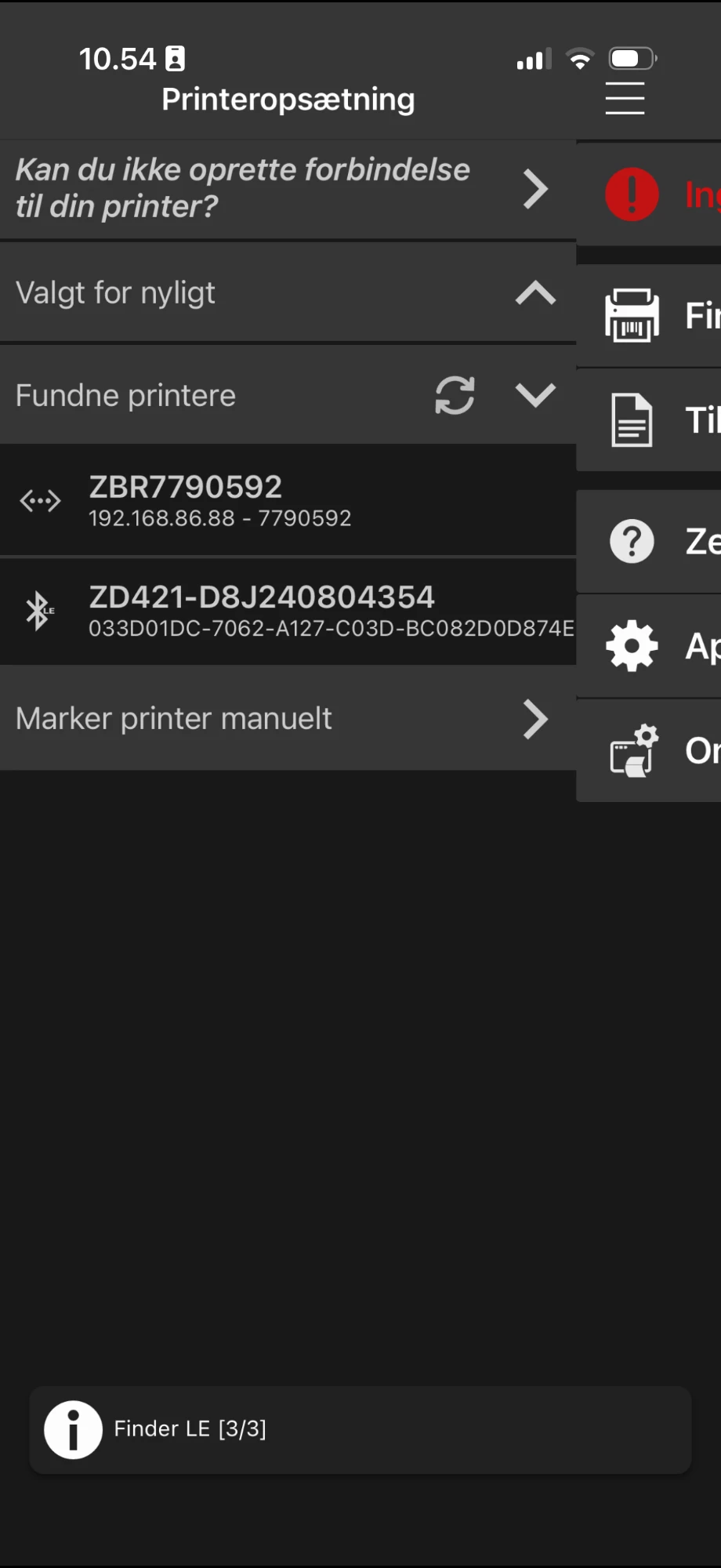Discovered Printers list in the Zebra app with a ZD421 found over Bluetooth