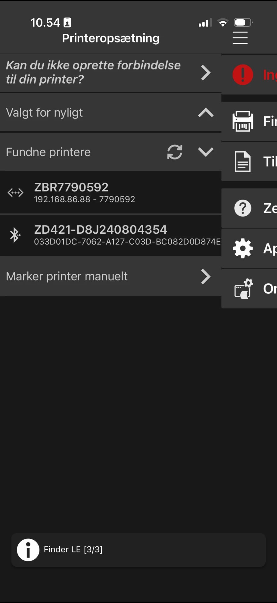 Discovered Printers list in the Zebra app with a ZD421 found over Bluetooth
