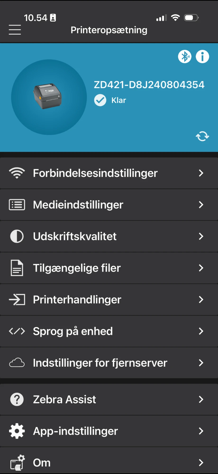 Printer Setup screen in the Zebra app with the Connectivity Settings menu item