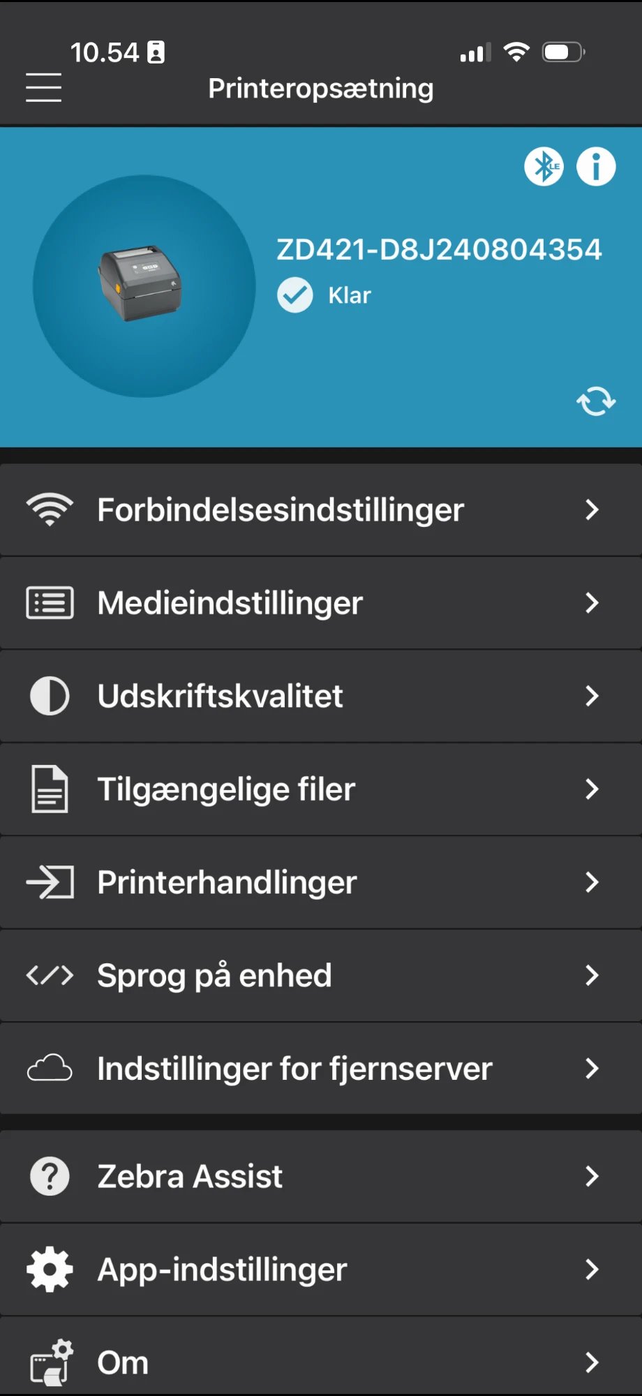 Printer Setup screen in the Zebra app with the Connectivity Settings menu item