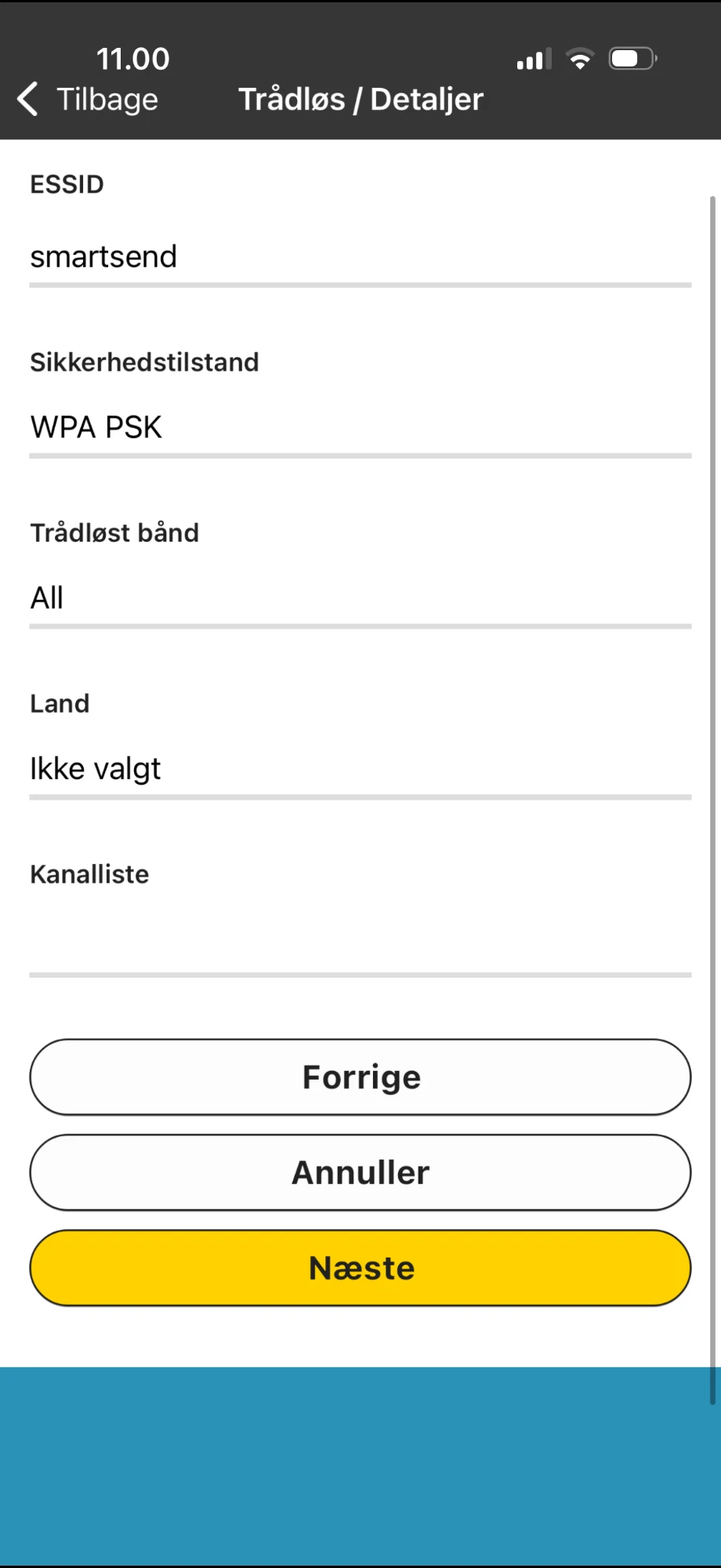 Wireless Details screen with ESSID, Security Mode, Wireless Band, Country and Channel List