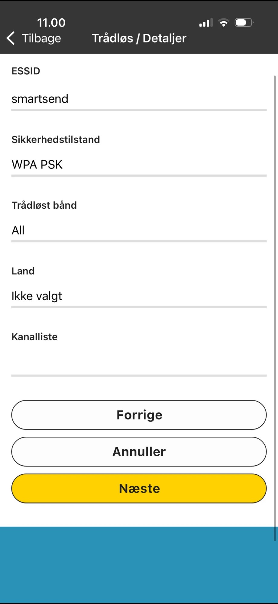 Wireless Details screen with ESSID, Security Mode, Wireless Band, Country and Channel List