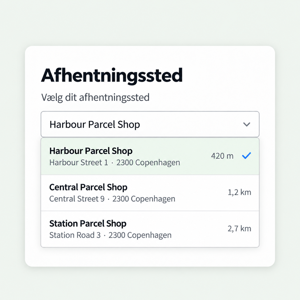 Illustration af afhentningssteder i et dropdown-felt