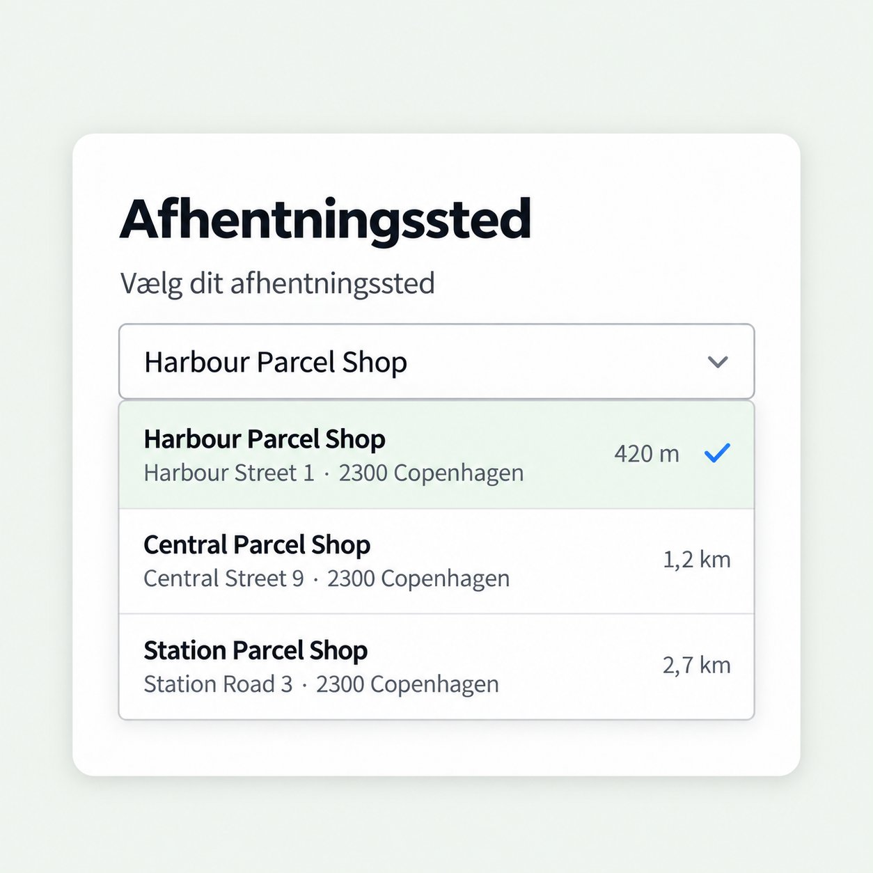 Illustration af afhentningssteder i et dropdown-felt