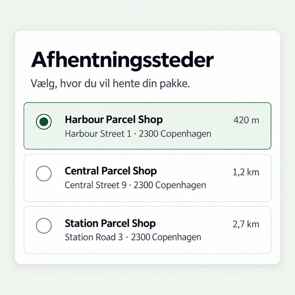 Illustration af afhentningssteder vist som en liste