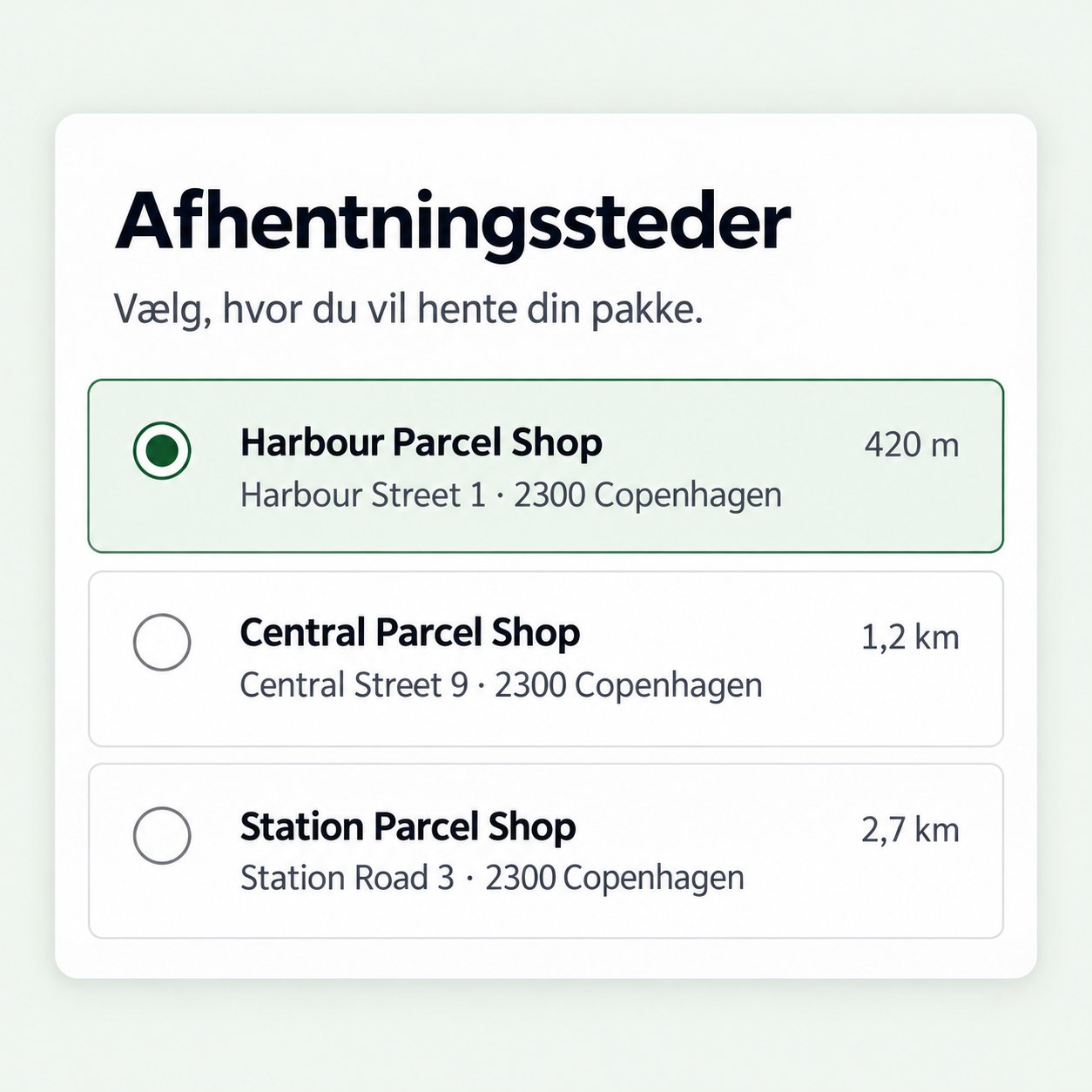 Illustration af afhentningssteder vist som en liste