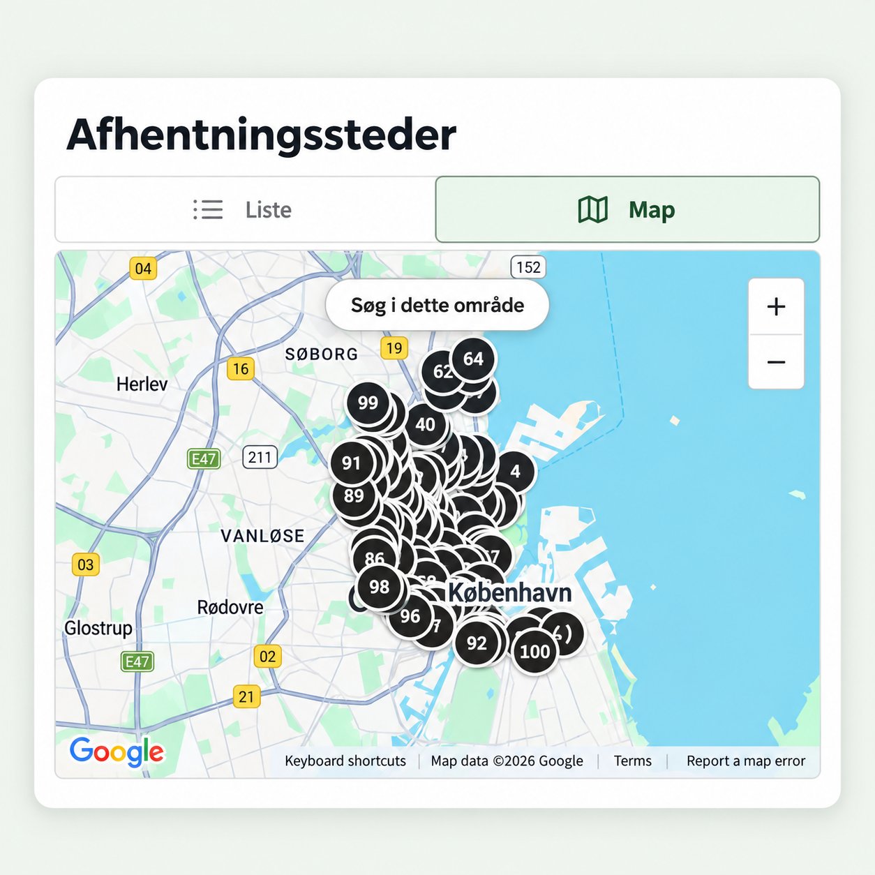 Illustration af kortvisningen med afhentningssteder