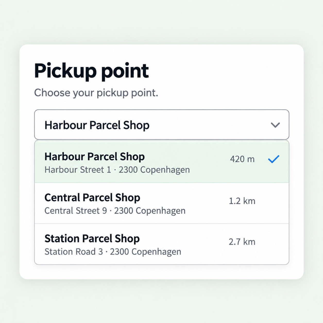 Illustration of pickup points in a drop-down field