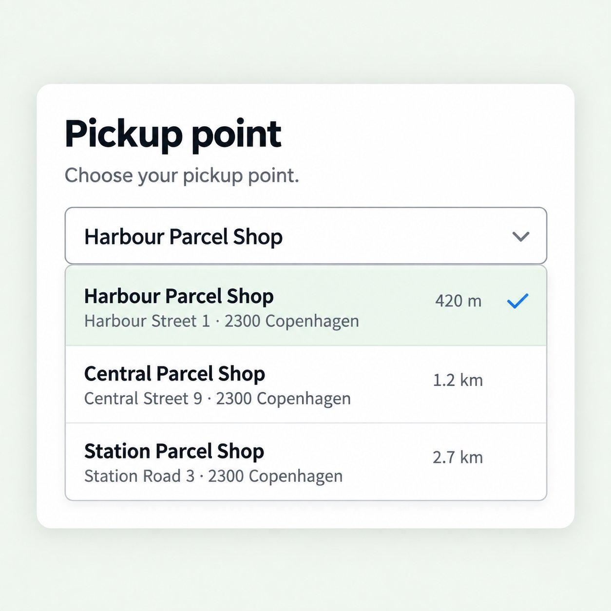 Illustration of pickup points in a drop-down field