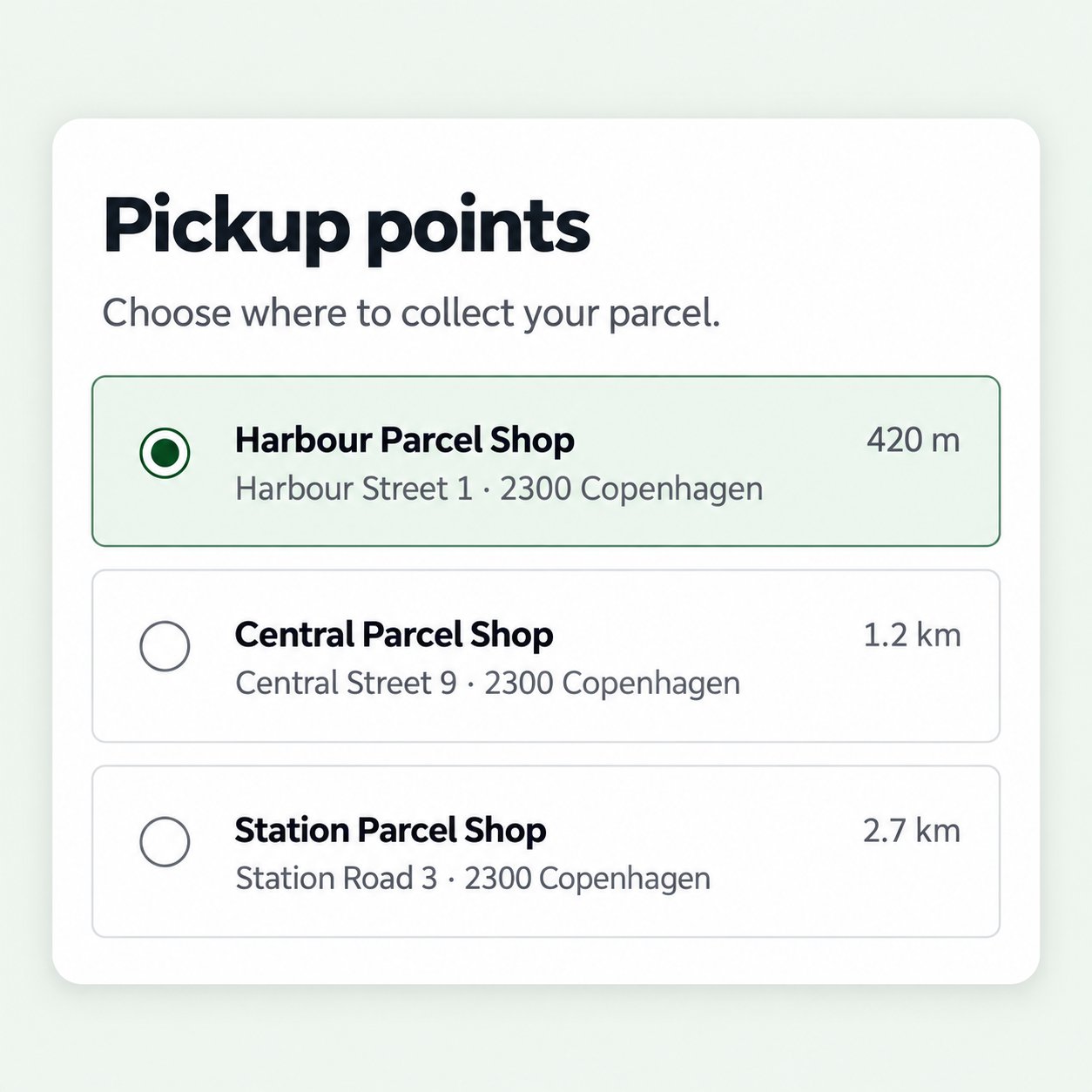 Illustration of pickup points displayed as a list