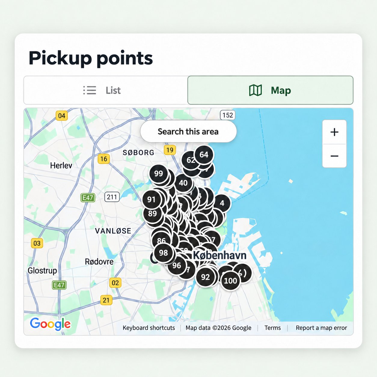 Illustration of the map view showing pickup points