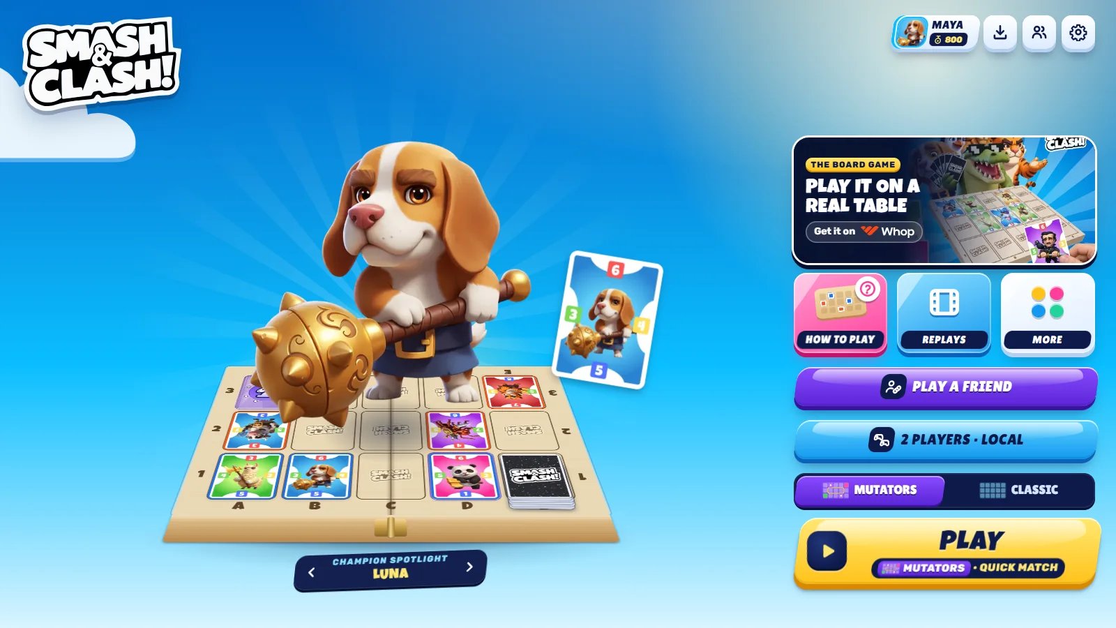 The Smash&Clash lobby: the logo, Luna on the board, candy buttons for How to play, Replays and More, Play a friend, 2 players local, the Mutators and Classic switch, and the sun-yellow Play button