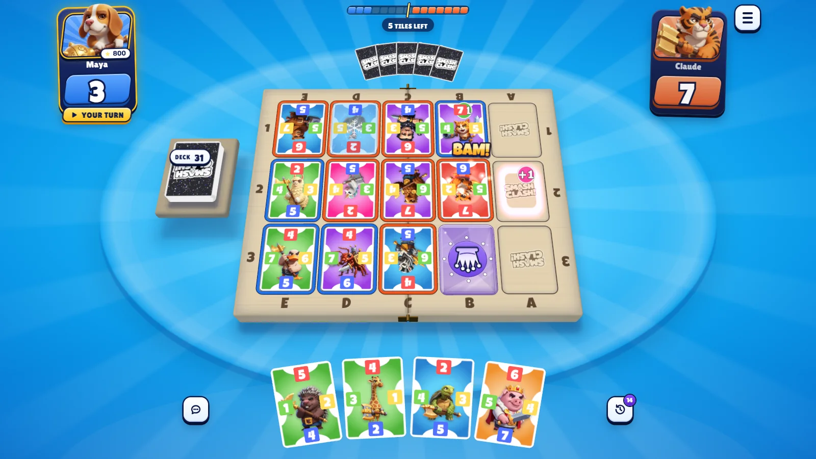 A Smash&Clash game in progress: Maya 3, Claude 7, with cards on the board, a chess tile and a power tile