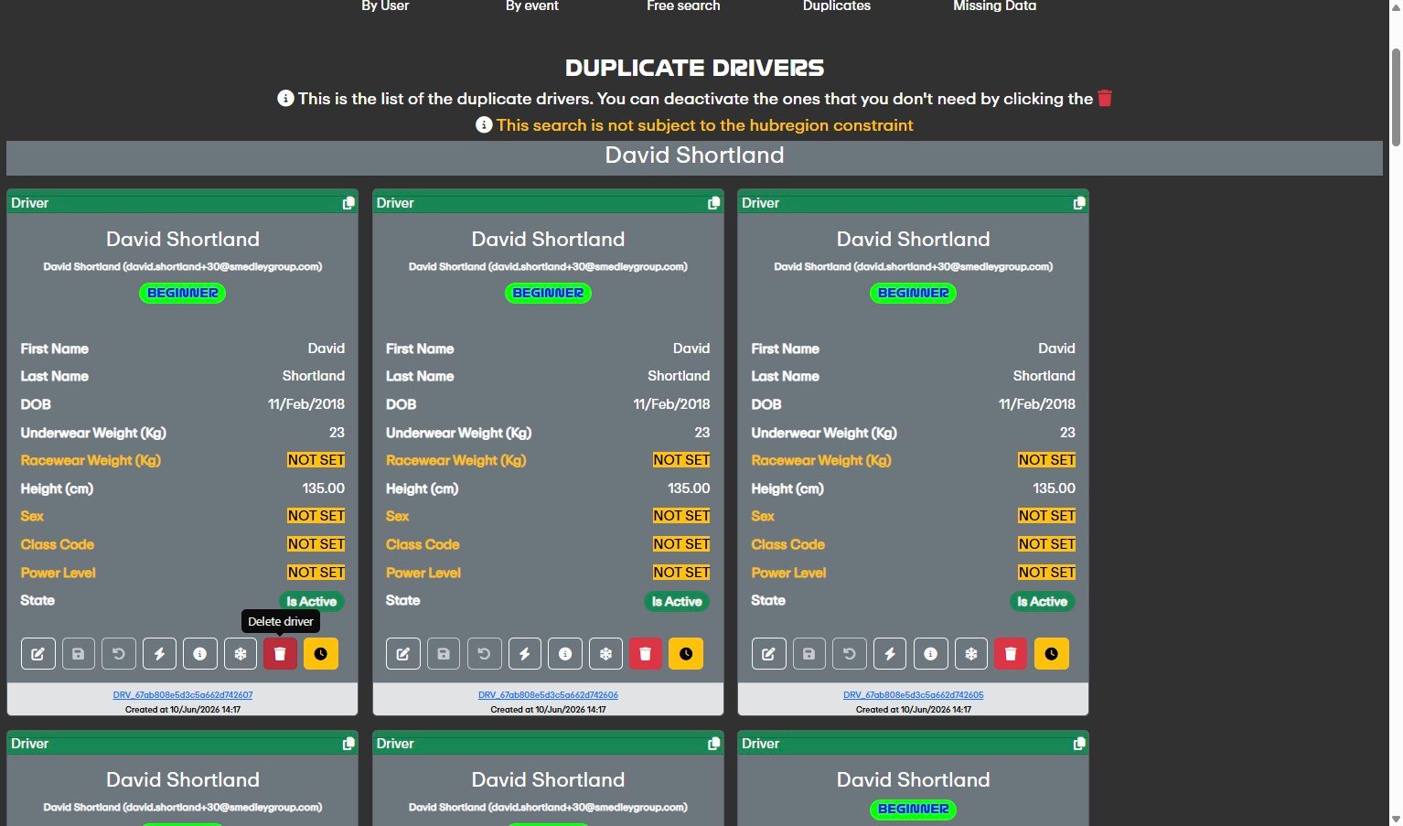 Delete driver button