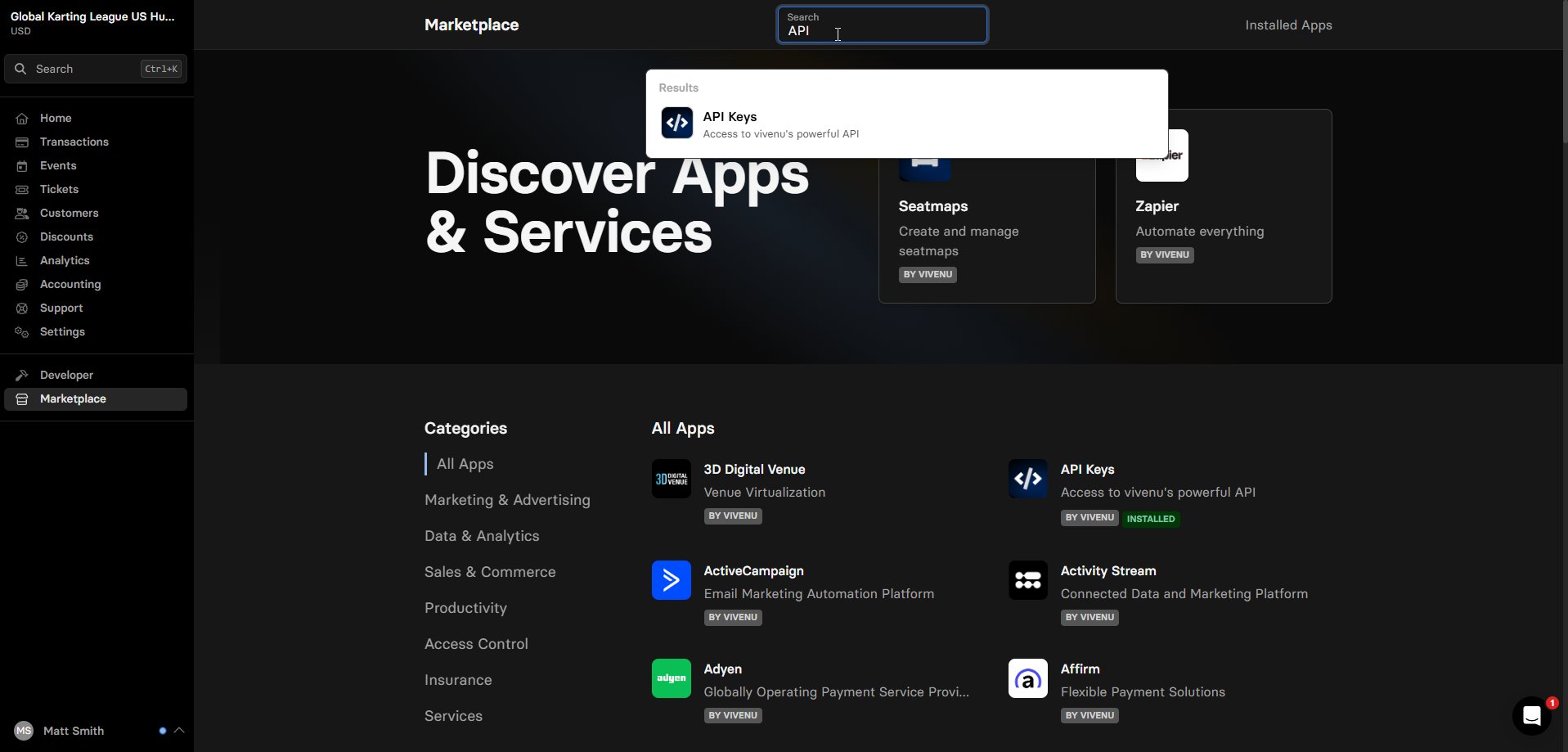 API Keys search result
