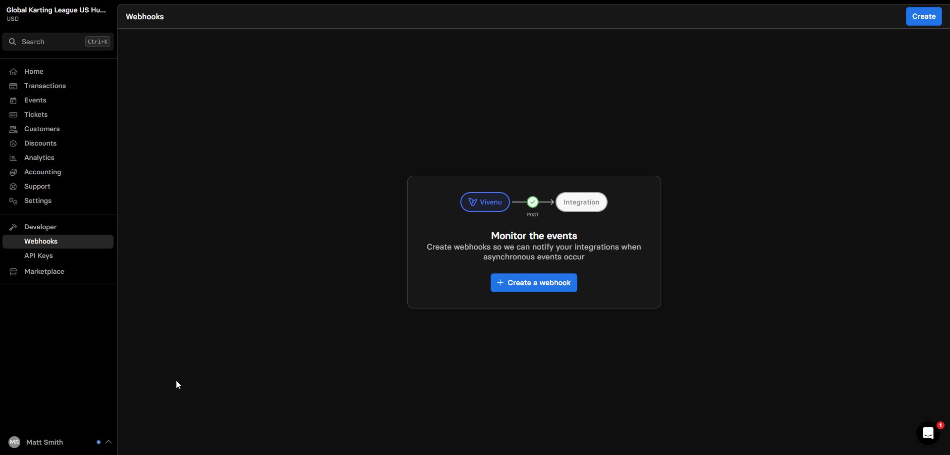 Developer menu with Webhooks and API Keys