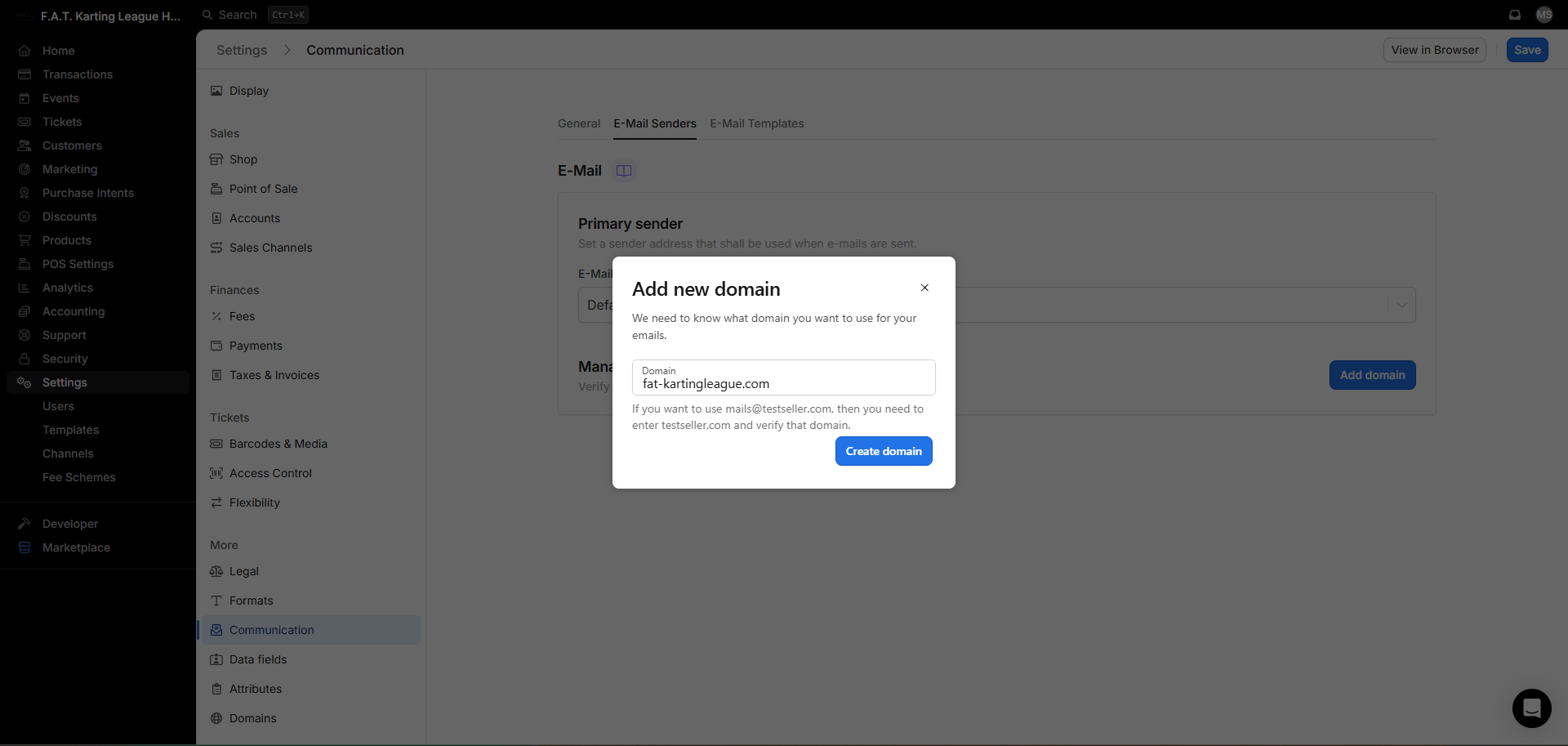 Setting the email domain in Vivenu