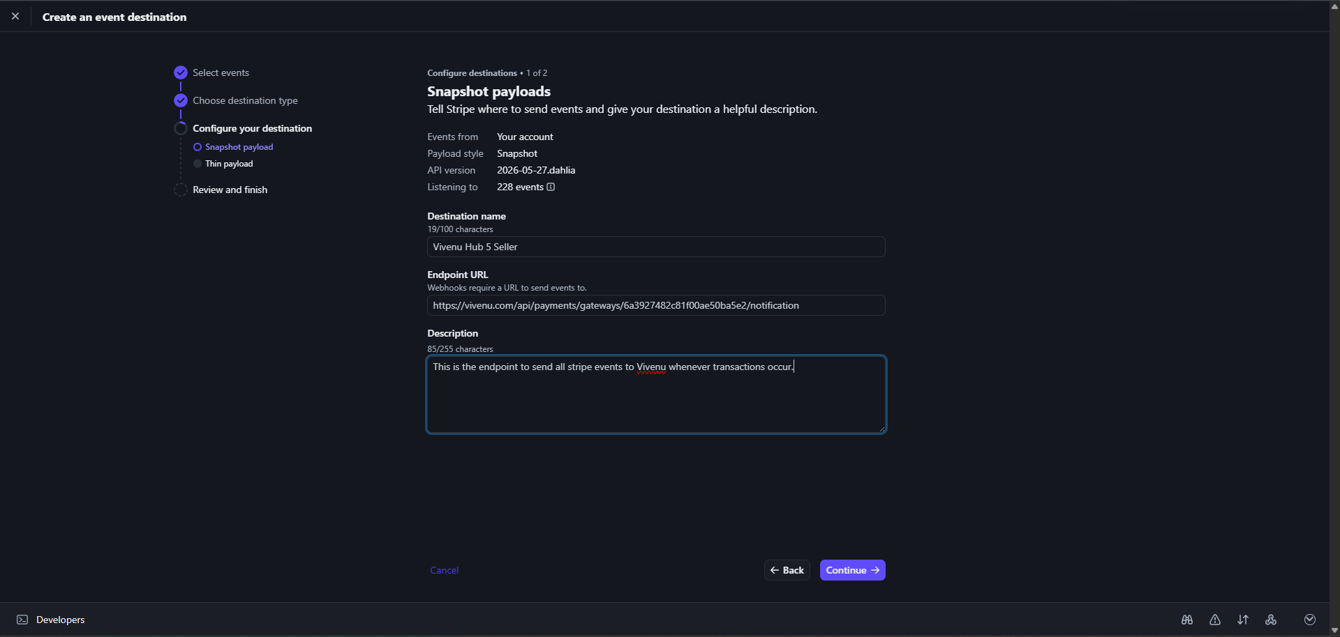 The Stripe webhook payload configuration screen