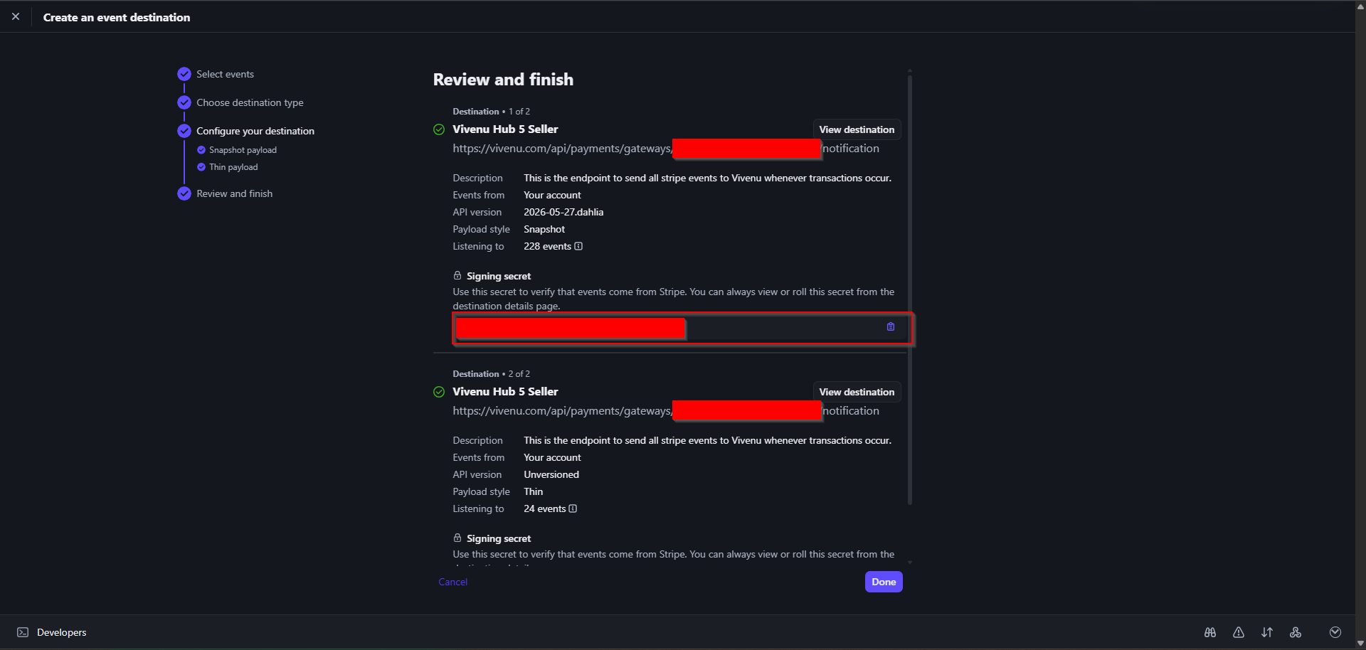 Reviewing and completing the Stripe webhook setup