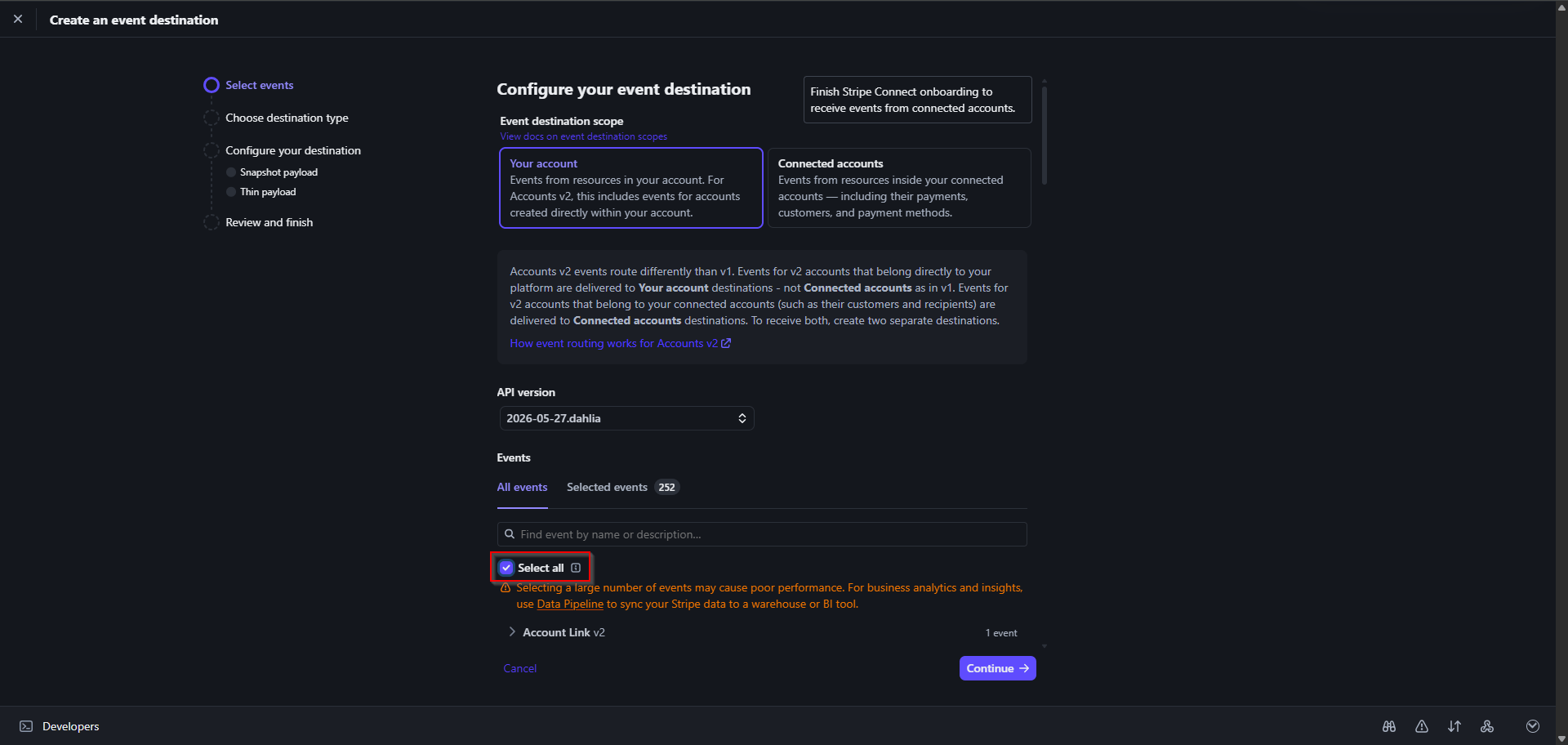 Select all event triggers on Stripe