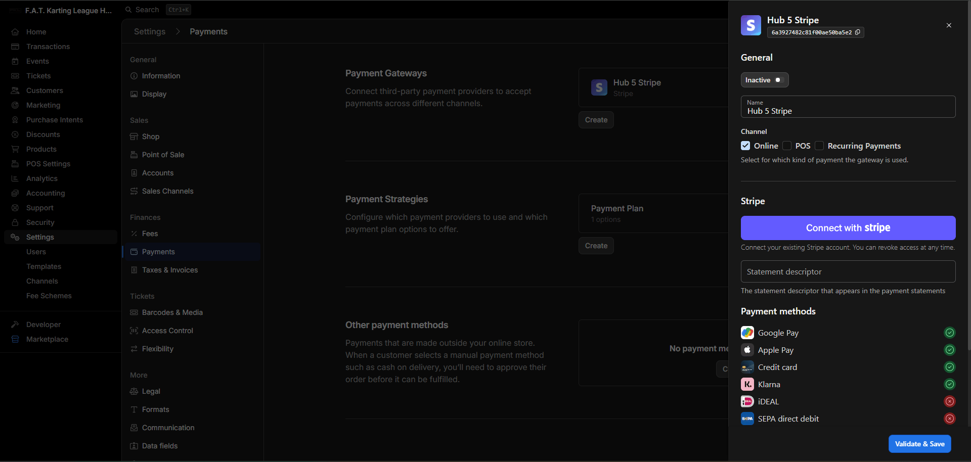 The Connect with Stripe button on the payment gateway page