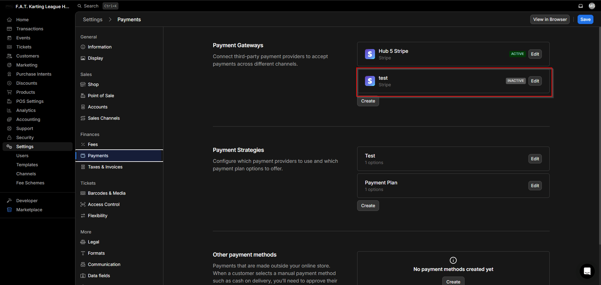 The new payment gateway shown as inactive in the list
