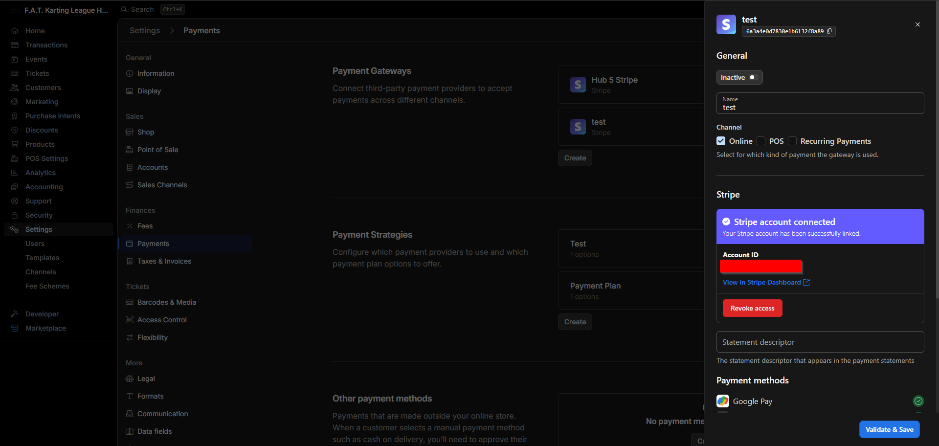 The payment gateway showing the Stripe account connected