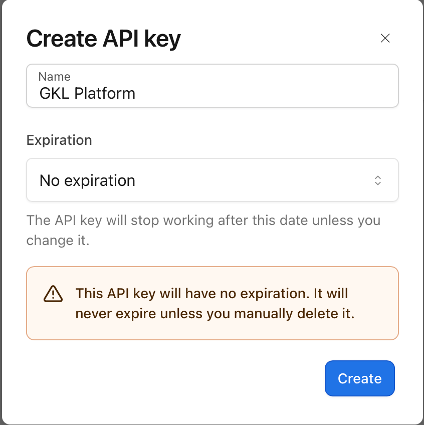 The Create API key dialog with name GKL Platform and No expiration